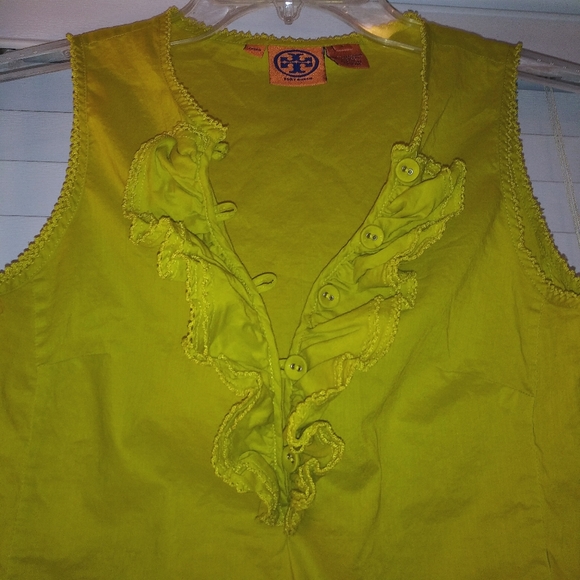 Tory Burch Sleeveless Avocado Button Up Ruffle Top - Picture 2 of 7